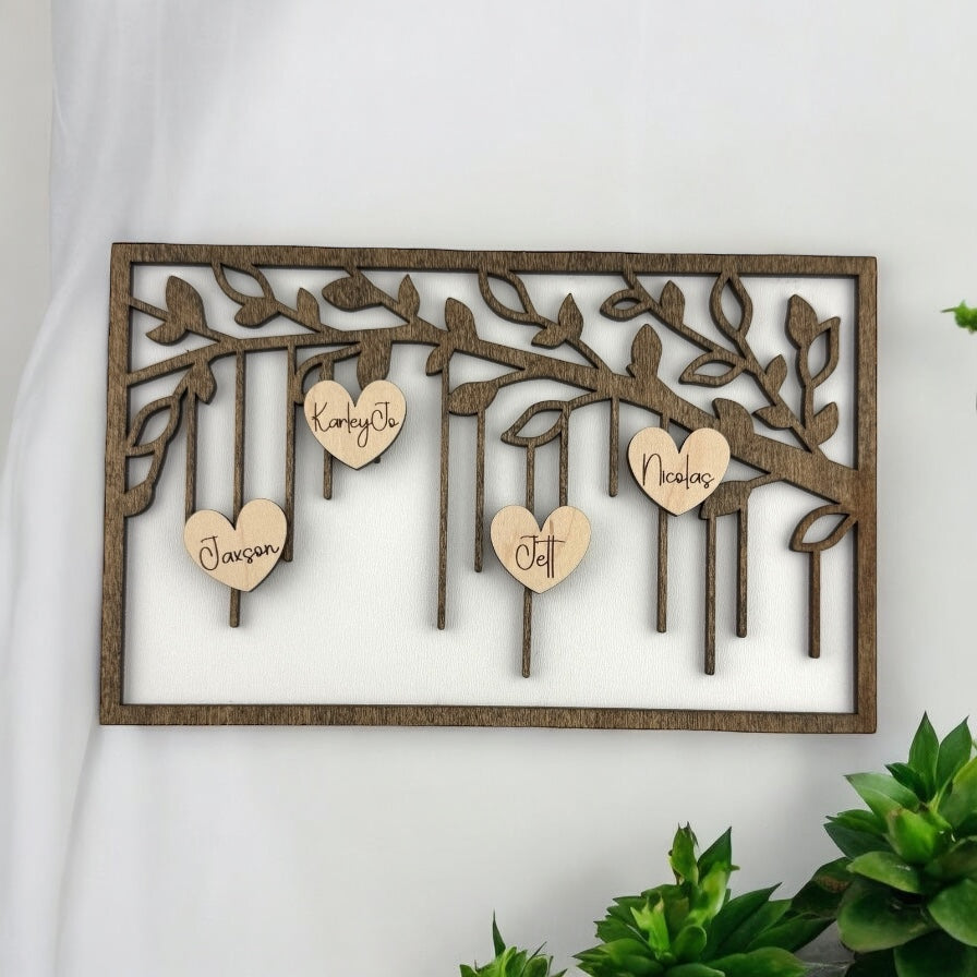 Personalized Family Tree Sign – Custom Wood Sign with Hanging Heart Names | Laser Cut Decor
