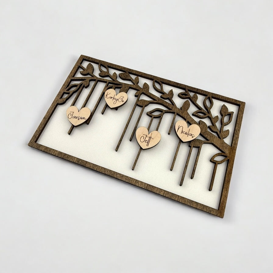 Personalized Family Tree Sign – Custom Wood Sign with Hanging Heart Names | Laser Cut Decor
