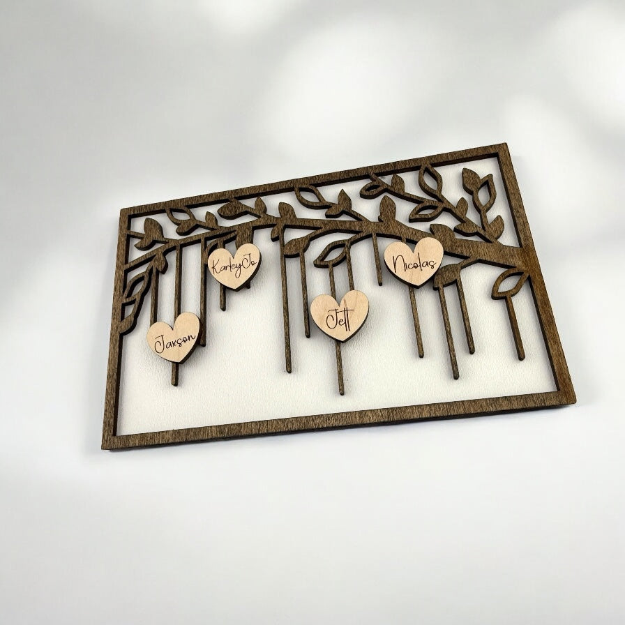 Personalized Family Tree Sign – Custom Wood Sign with Hanging Heart Names | Laser Cut Decor