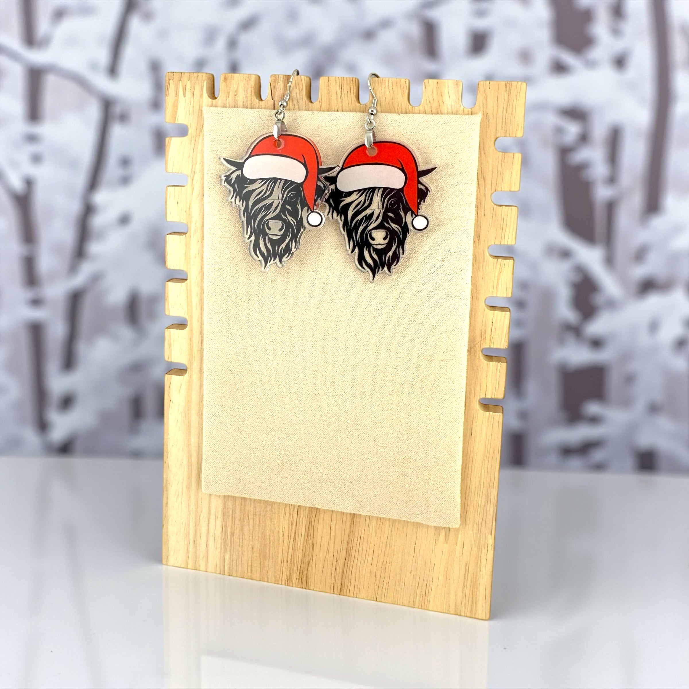Highland Cow Earrings – Handmade Acrylic Christmas Earrings | Santa Hat, Rustic Holiday Gift