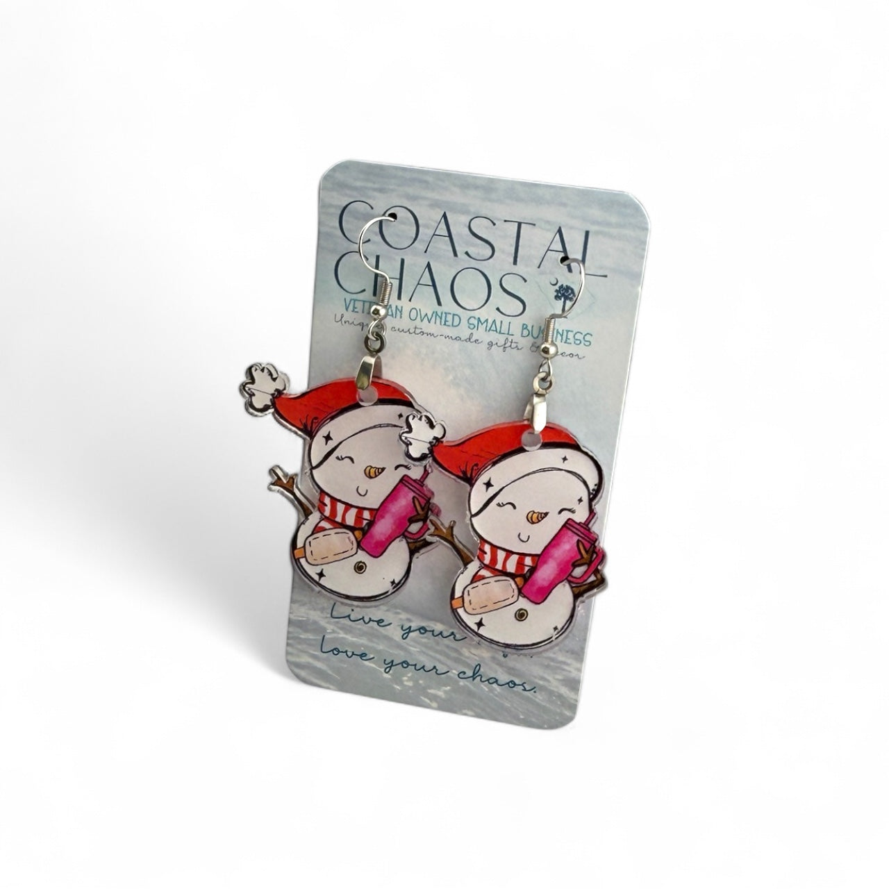 Funny Snowman Christmas Earrings – Wine Lover Holiday Earrings, Acrylic Dangle Earrings, Cute Winter Gift for Her