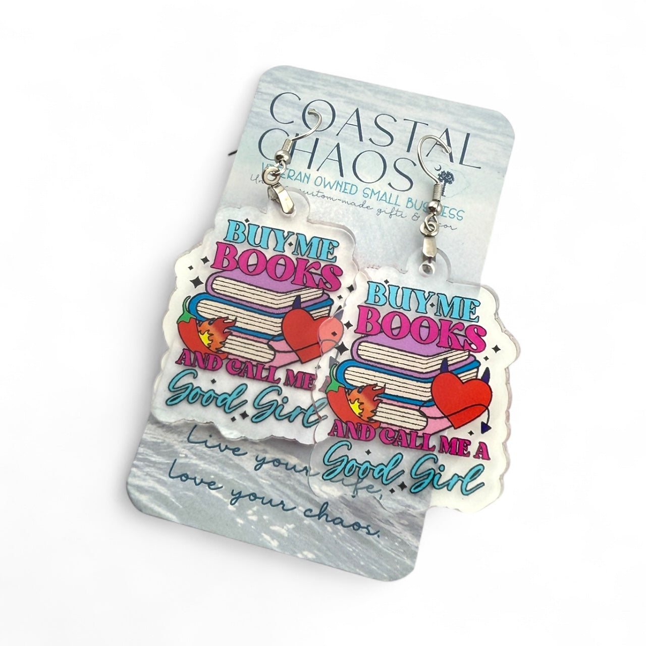 Buy Me Books Earrings – Funny Romance Reader Earrings, Book Lover Gift, Acrylic Dangle Earrings