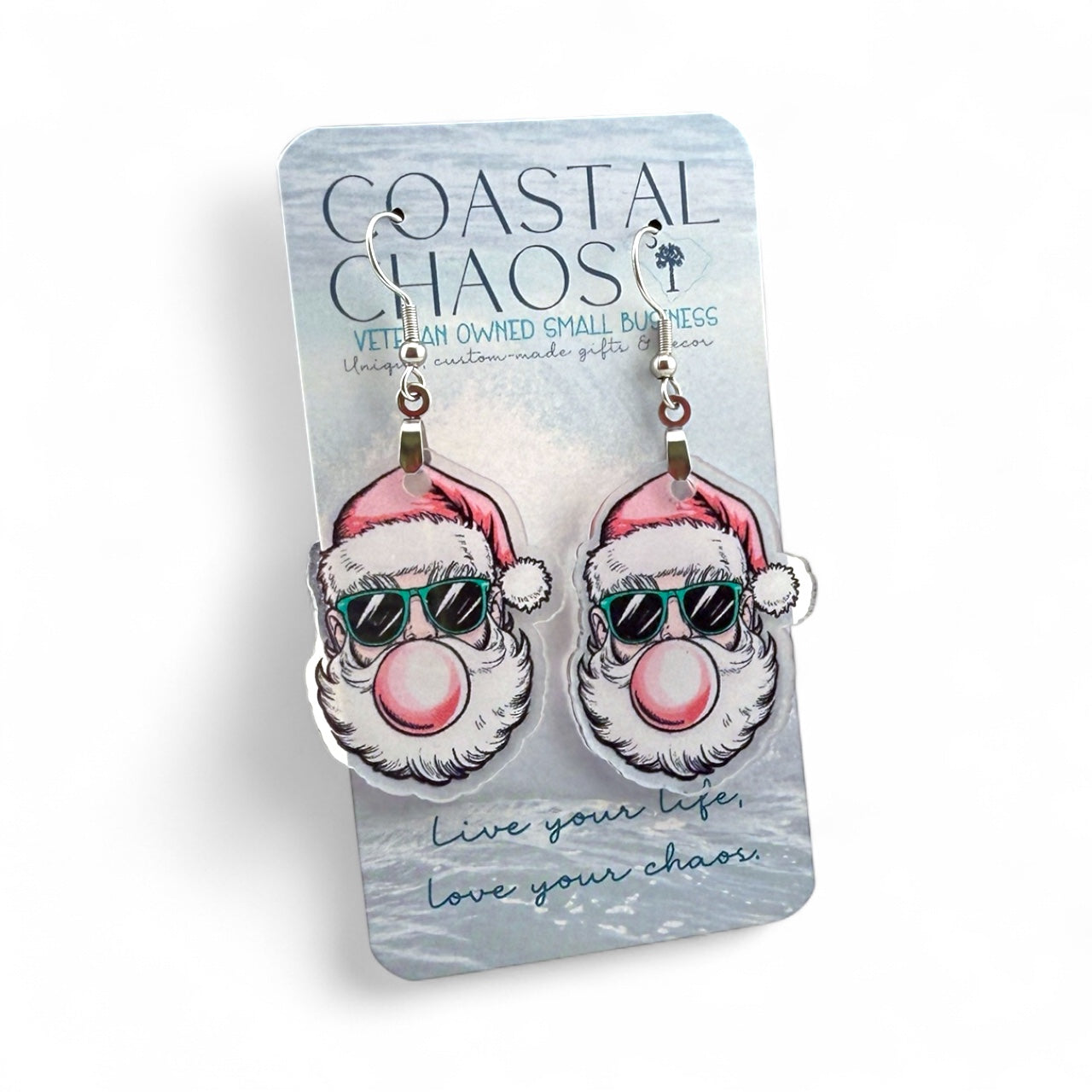 Cool Santa Earrings – Funny Christmas Earrings, Santa with Sunglasses, Acrylic Dangle Earrings