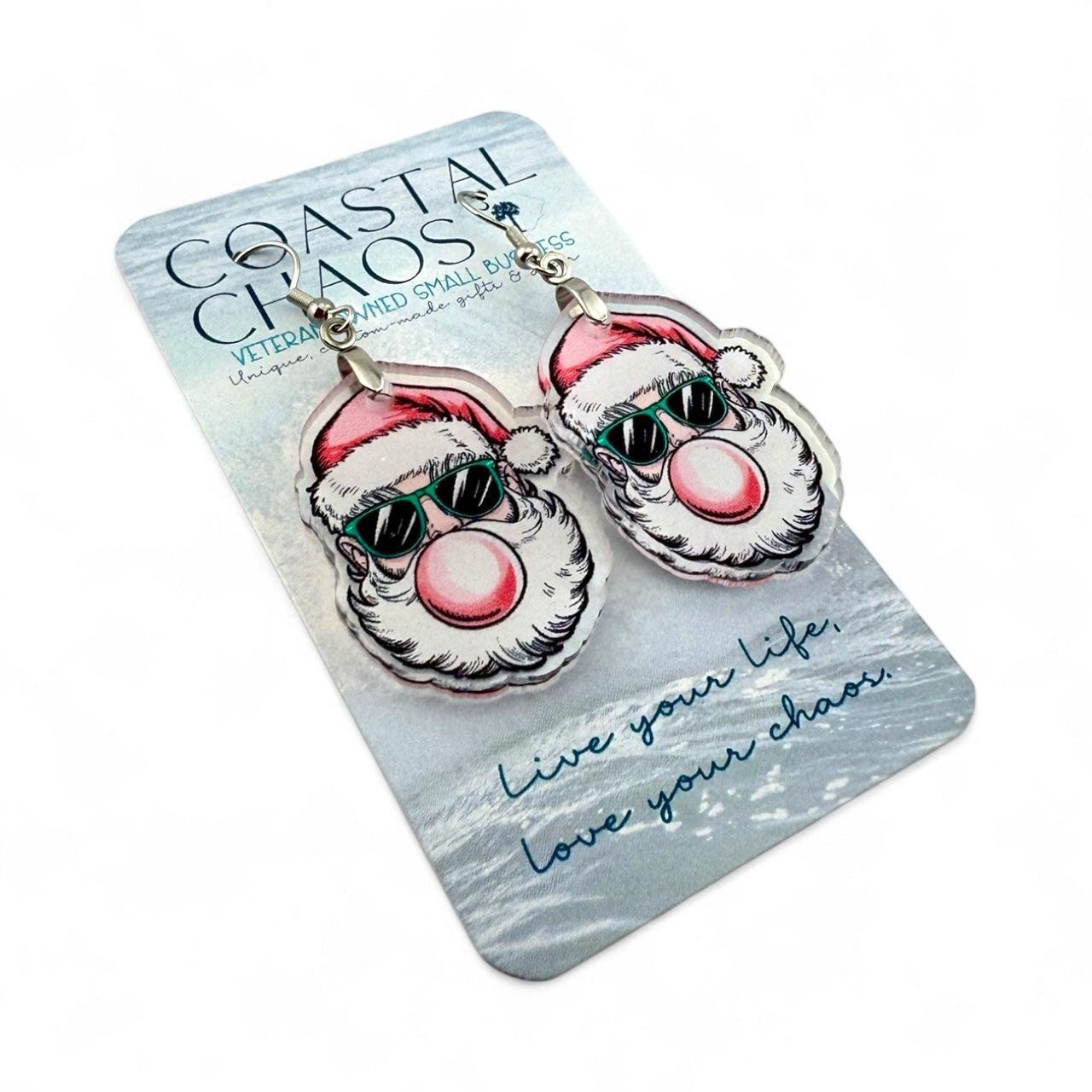 Cool Santa Earrings – Funny Christmas Earrings, Santa with Sunglasses, Acrylic Dangle Earrings