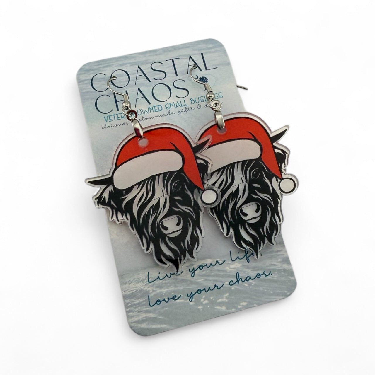 Highland Cow Earrings – Handmade Acrylic Christmas Earrings | Santa Hat, Rustic Holiday Gift