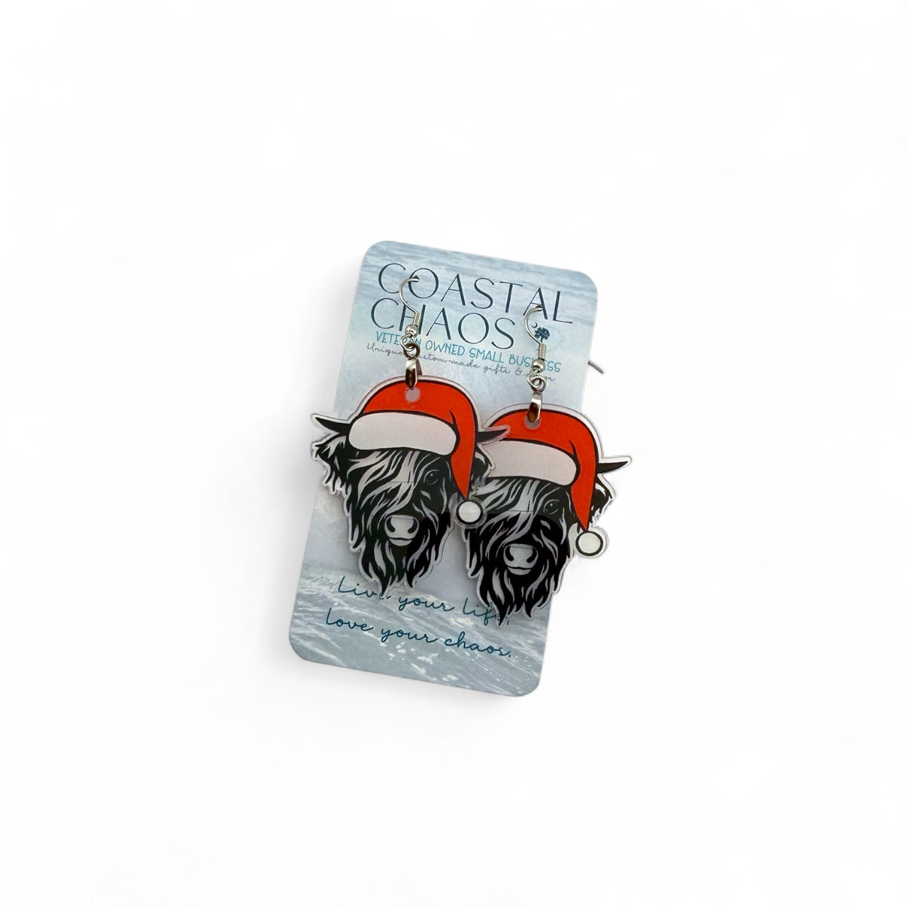 Highland Cow Earrings – Handmade Acrylic Christmas Earrings | Santa Hat, Rustic Holiday Gift