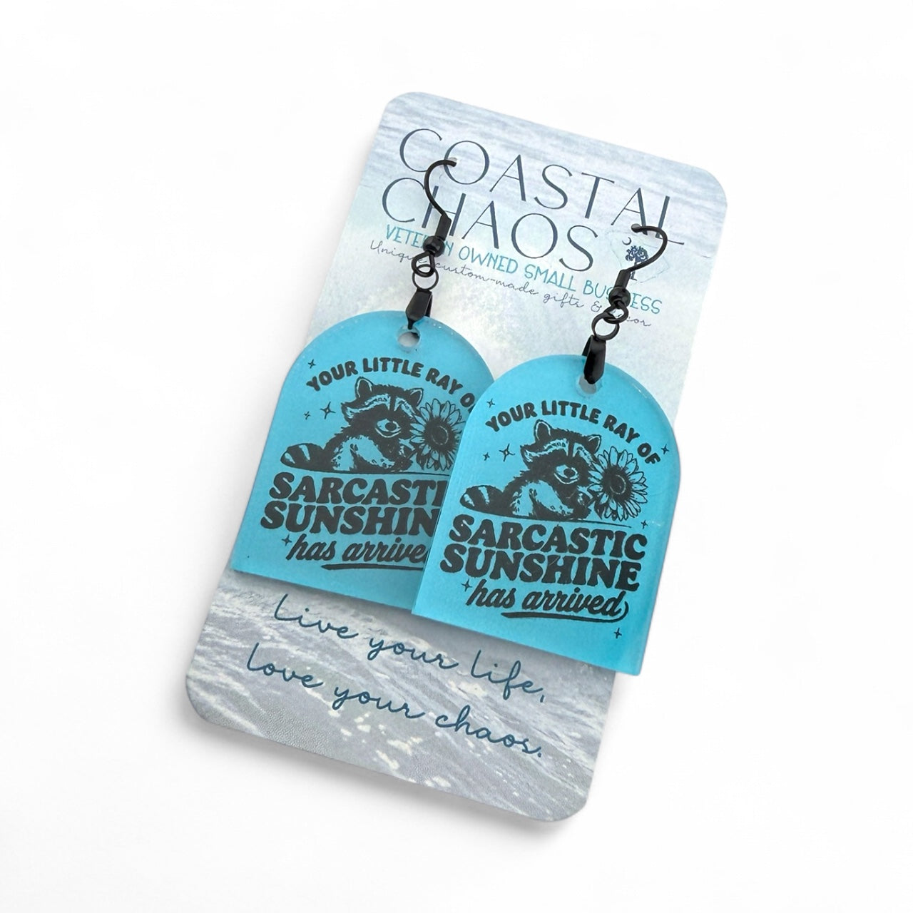 Sarcastic Sunshine Earrings – Blue Acrylic Dangle Earrings with Funny Raccoon Design
