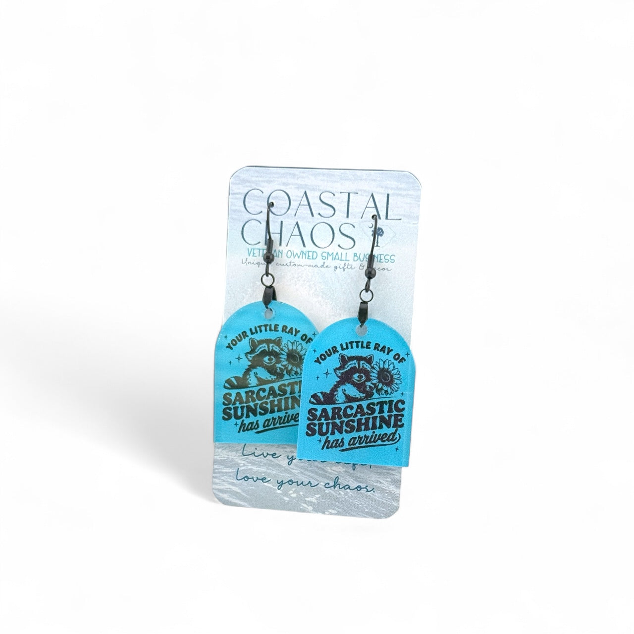 Sarcastic Sunshine Earrings – Blue Acrylic Dangle Earrings with Funny Raccoon Design