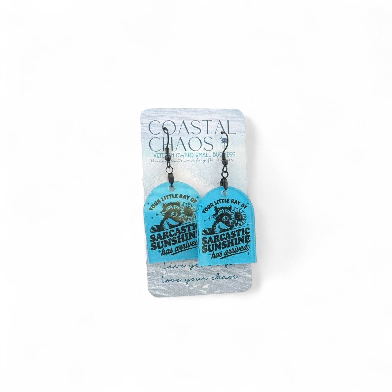 Sarcastic Sunshine Earrings – Blue Acrylic Dangle Earrings with Funny Raccoon Design