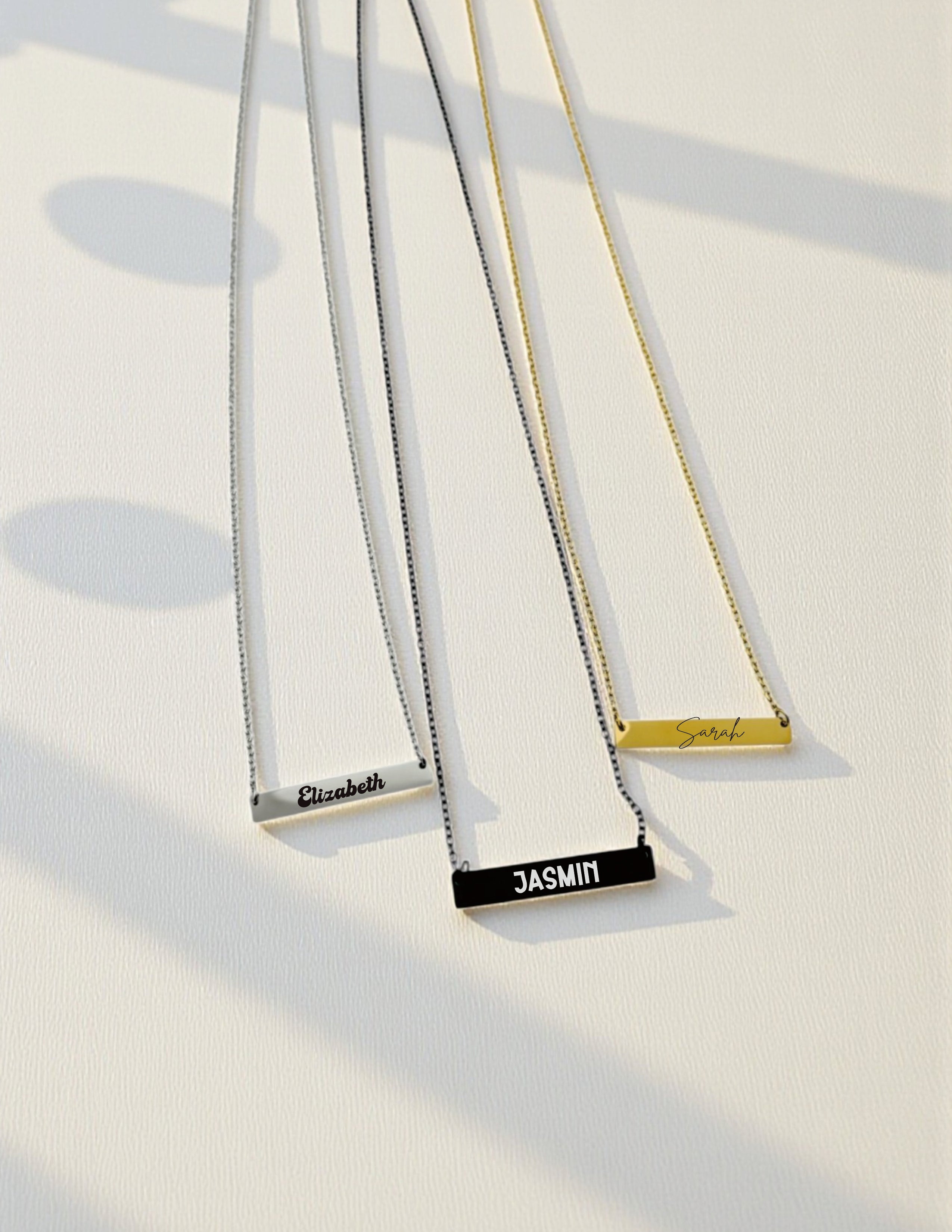 Personalized engraved bar necklace in silver, gold, and rose gold