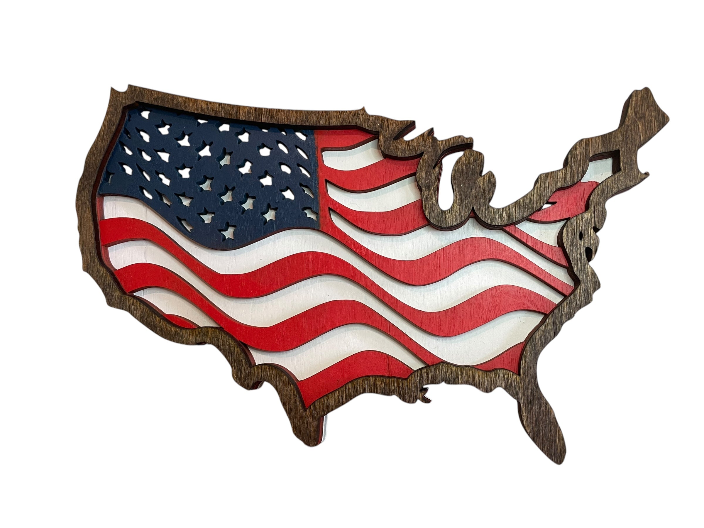 The image is a wooden cutout of the United States of America, featuring the iconic American flag design.