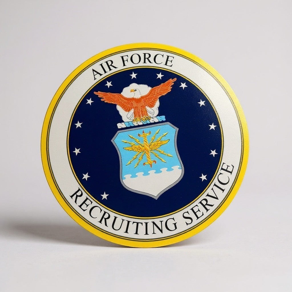 Coastal Chaos Co Air Force Recruiting Service custom UV printed logo sign with yellow border and blue emblem.