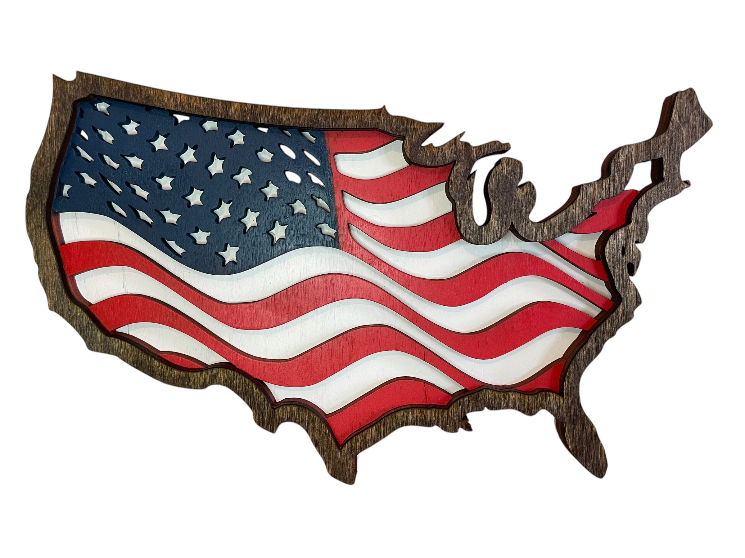 The image is a wooden cutout of the United States of America, featuring the iconic American flag design.