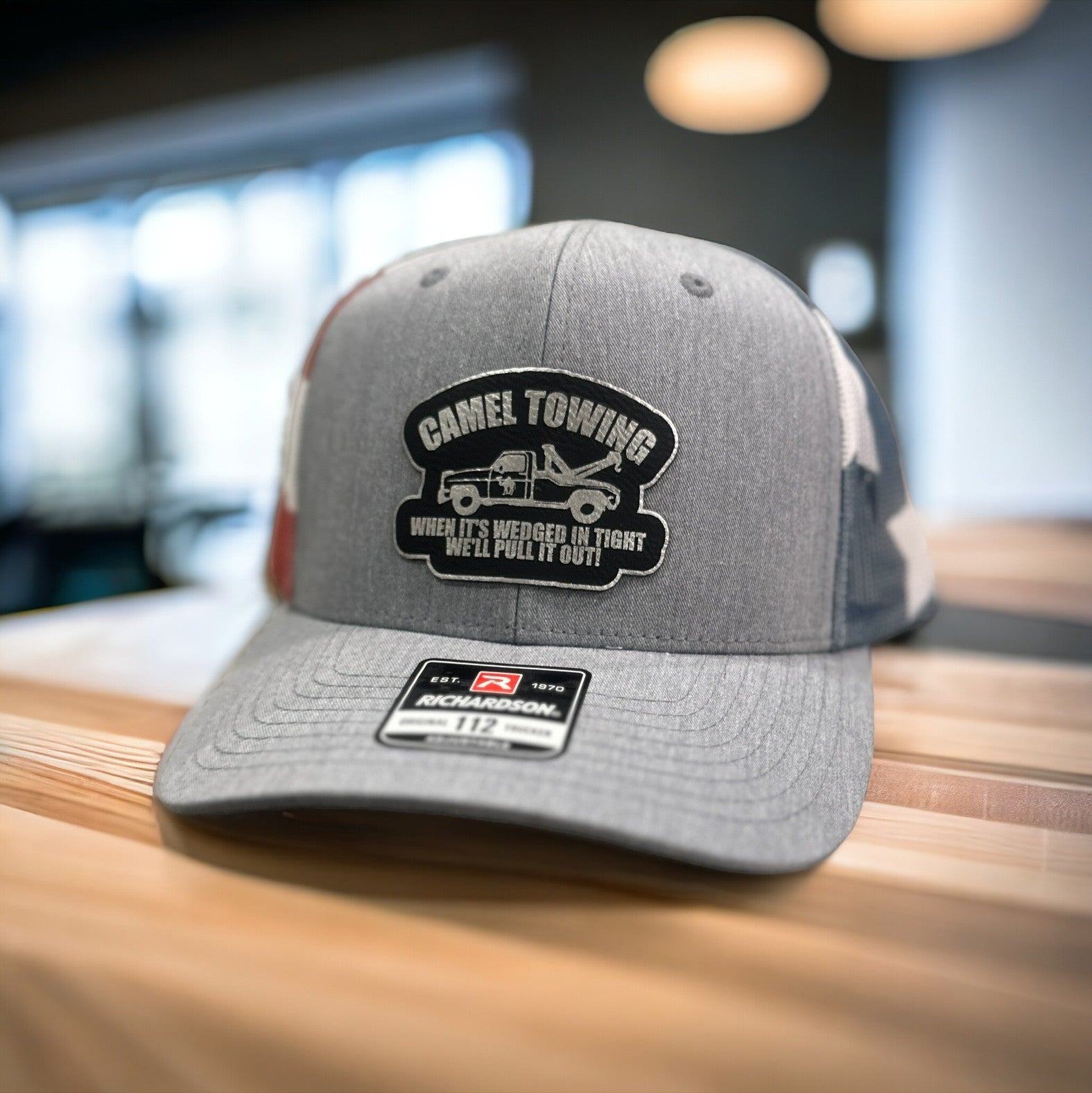 Camel Towing Hat - Richardson Hats With Custom Leather Patch, Heat Pressed Patches