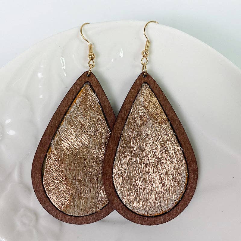 Leopard-print Horsehair Cowhide Wooden Earrings Drop Shape - Coastal Chaos LLC