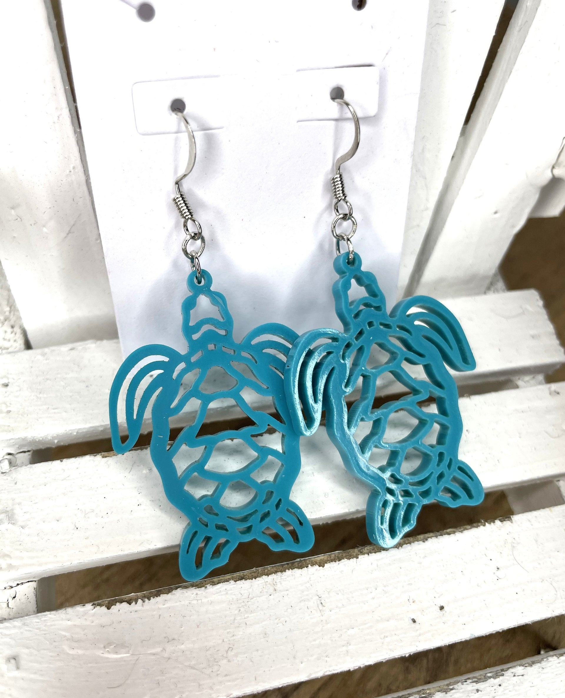 turtle earrings, dangle, florescent, aqua, teal, cute - Coastal Chaos LLC