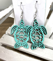 turtle earrings, dangle, florescent, aqua, teal, cute - Coastal Chaos LLC