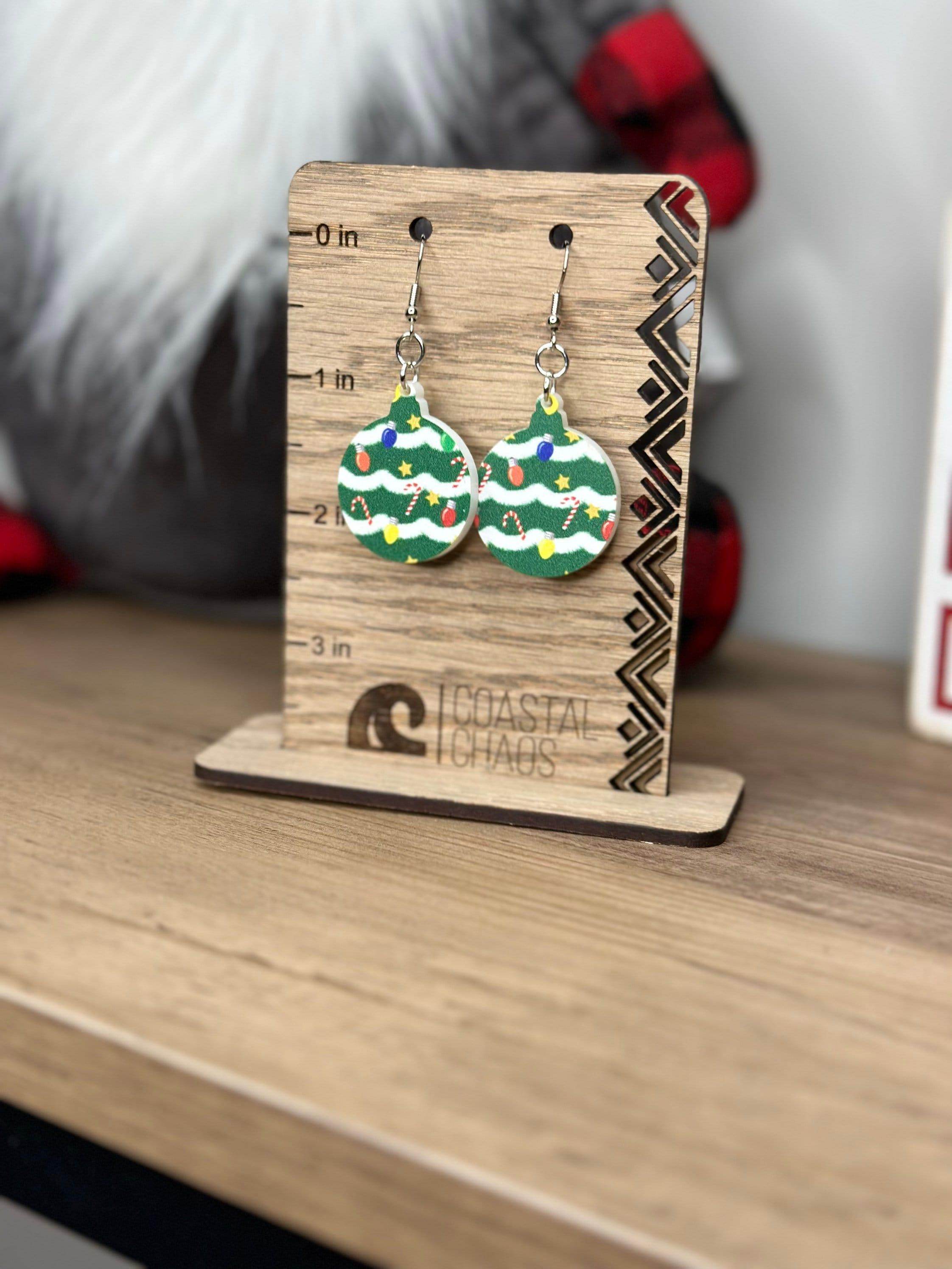 Christmas tree print ornament acrylic dangle & stud Earrings, Christmas present, earrings, sassy, fun, womens gift, jewelry - Coastal Chaos LLC